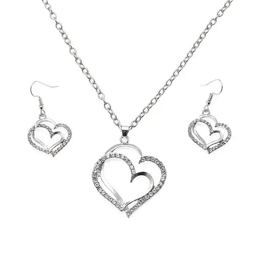 Load image into Gallery viewer, 3 Pcs Set Heart Shaped Jewelry Set Of Earrings Pendant Necklace For Women Exquisite Fashion Rhinestone Double Heart Jewelry Set
