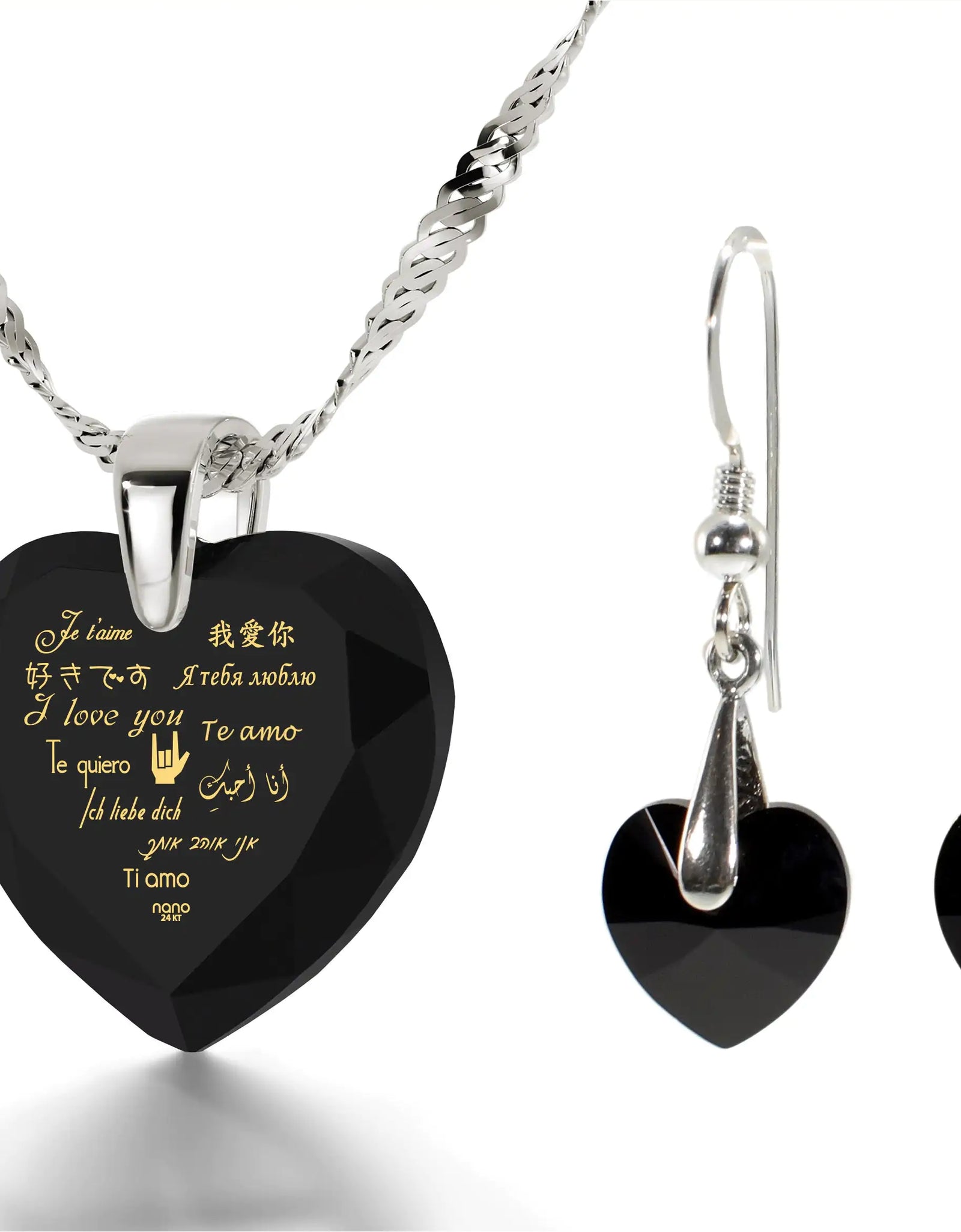 925 Silver I Love You Necklace 12 Languages Gold Inscribed and Crystal Earrings Heart Jewelry Set