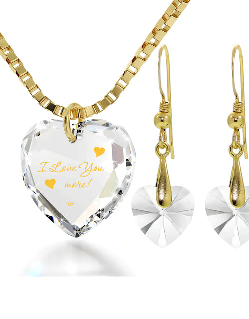 Load image into Gallery viewer, Tiny Heart Jewelry Set 24k Gold Inscribed I Love You More Necklace and Drop Earrings
