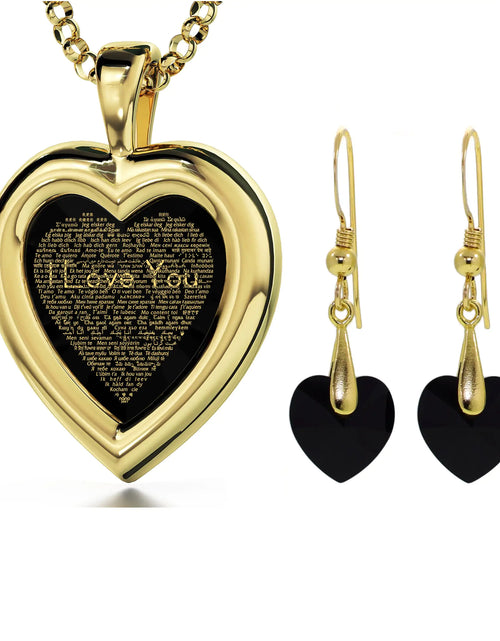 Load image into Gallery viewer, Gold Plated Silver Heart Jewelry Set I Love You Necklace in 120 Languages and Crystal Earrings
