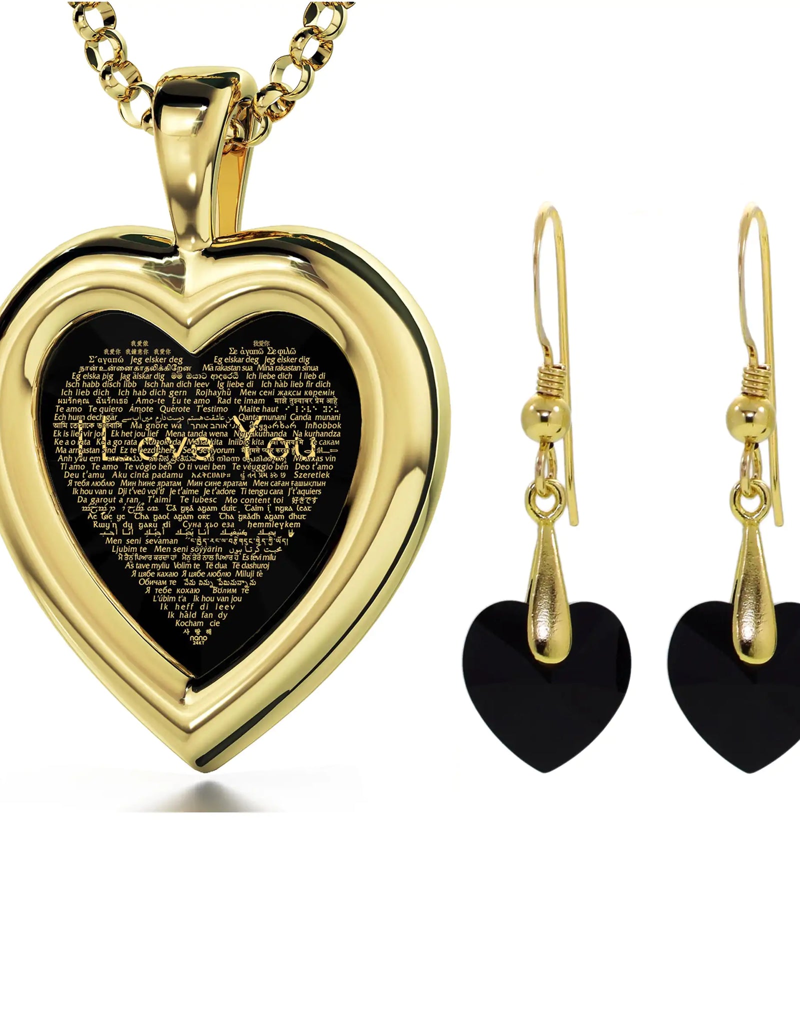 Gold Plated Silver Heart Jewelry Set I Love You Necklace in 120 Languages and Crystal Earrings