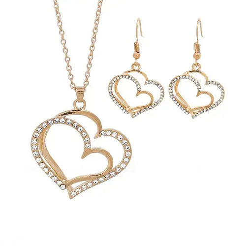 Load image into Gallery viewer, 3 Pcs Set Heart Shaped Jewelry Set Of Earrings Pendant Necklace For Women Exquisite Fashion Rhinestone Double Heart Jewelry Set
