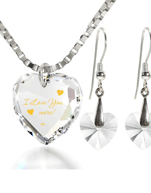 Load image into Gallery viewer, Tiny Heart Jewelry Set 24k Gold Inscribed I Love You More Necklace and Drop Earrings
