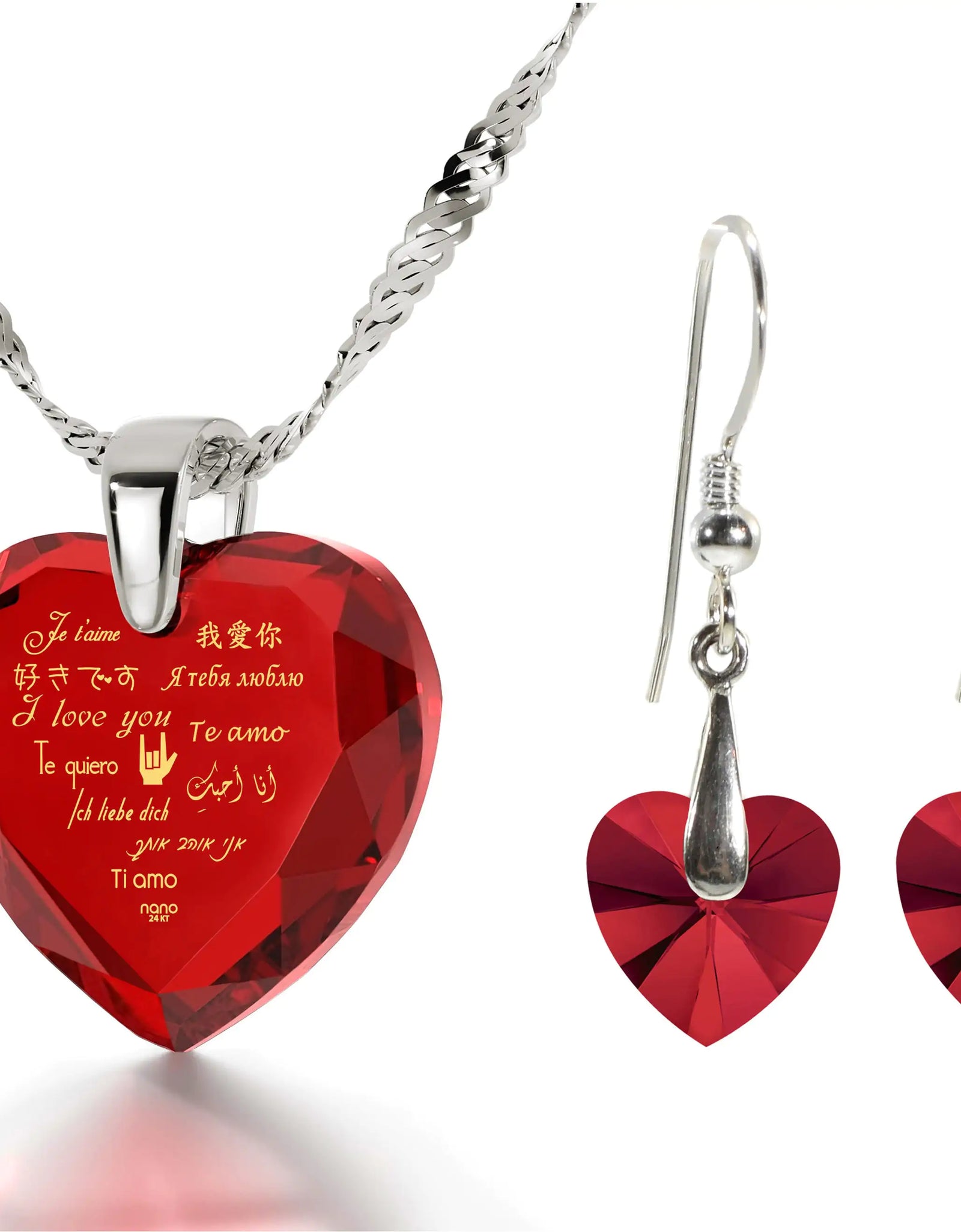 925 Silver I Love You Necklace 12 Languages Gold Inscribed and Crystal Earrings Heart Jewelry Set