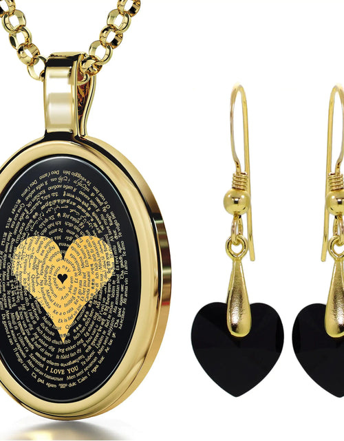 Load image into Gallery viewer, I Love You Necklace in 120 Languages 24k Gold Inscribed Onyx and Crystal Heart Earrings Jewelry Set
