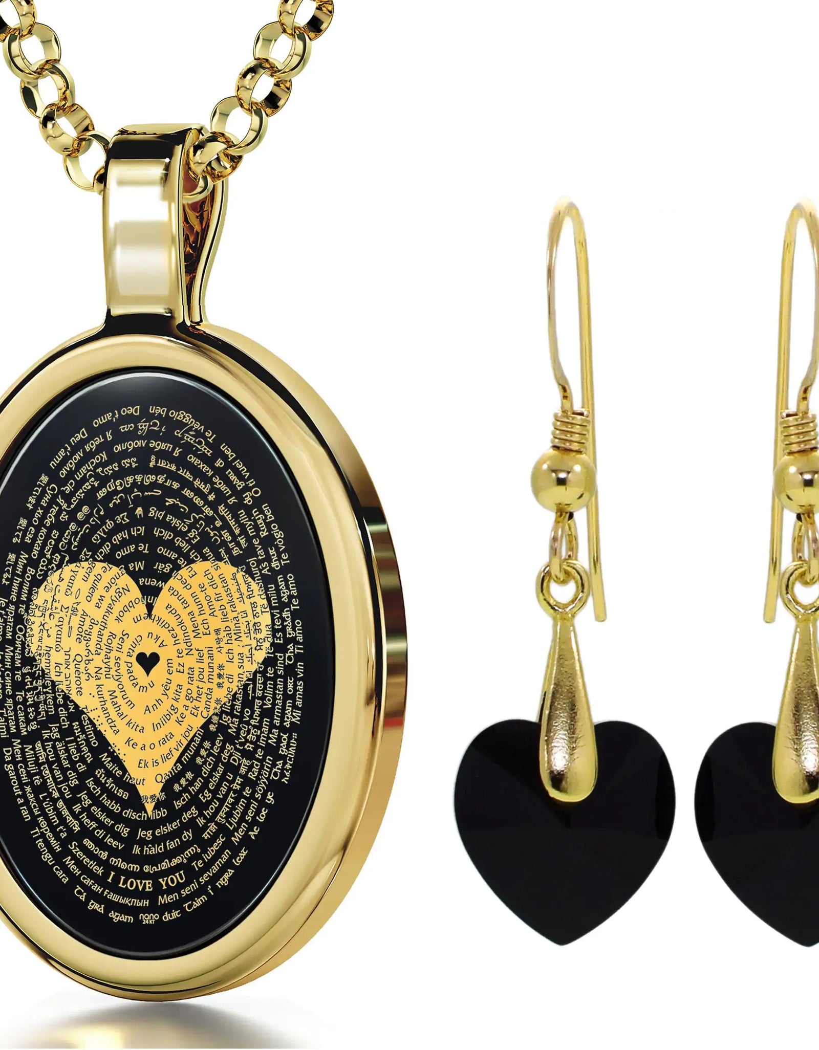 I Love You Necklace in 120 Languages 24k Gold Inscribed Onyx and Crystal Heart Earrings Jewelry Set