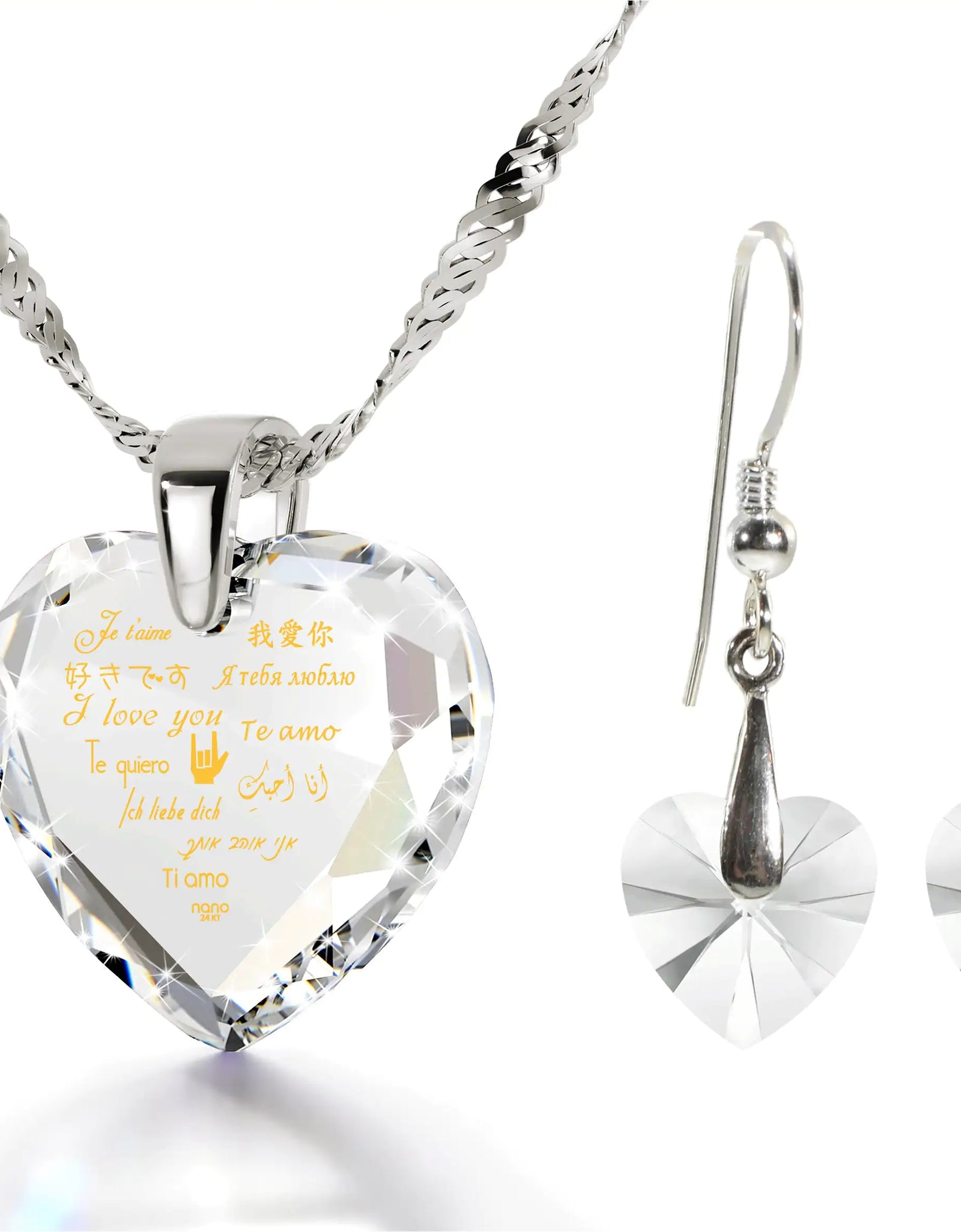 925 Silver I Love You Necklace 12 Languages Gold Inscribed and Crystal Earrings Heart Jewelry Set