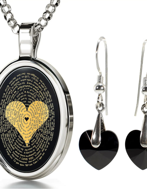 Load image into Gallery viewer, I Love You Necklace in 120 Languages 24k Gold Inscribed Onyx and Crystal Heart Earrings Jewelry Set
